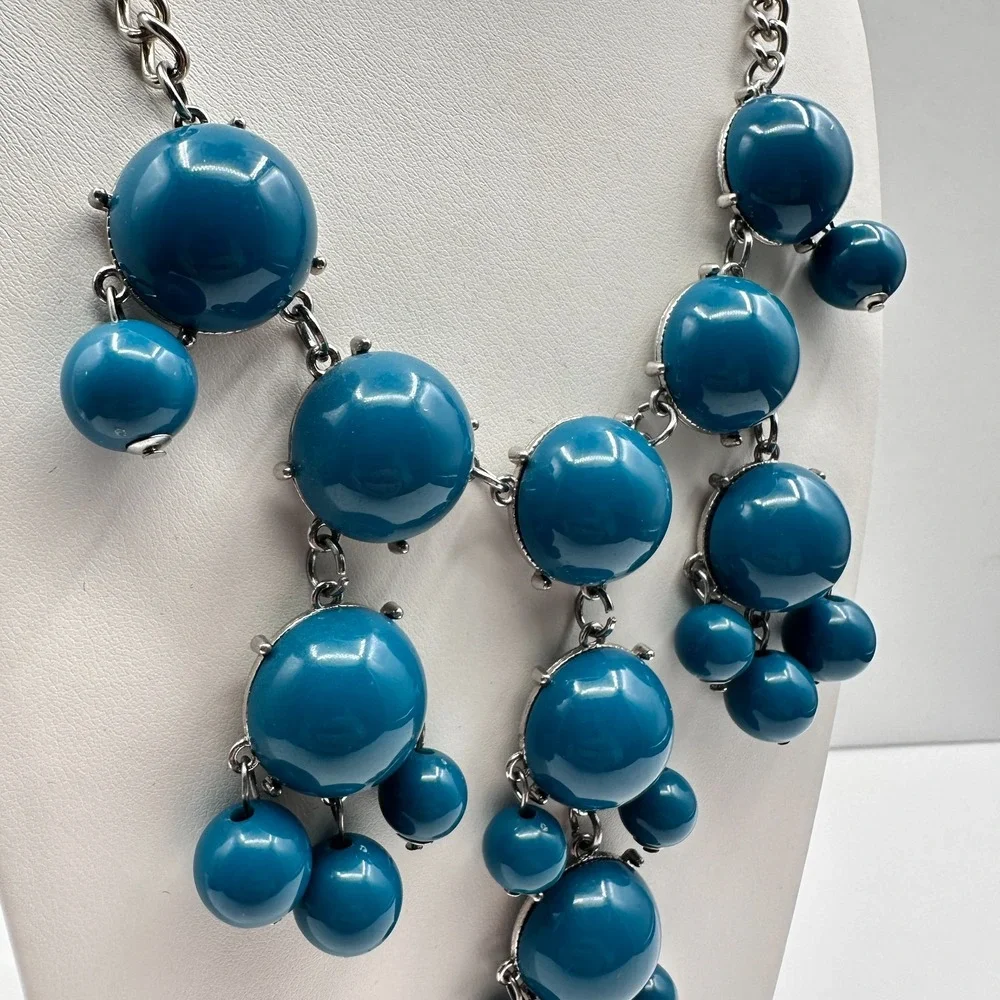 Vintage Y2K Blue Cabochon Beaded Bib Necklace Silver Tone Boho Jewelry